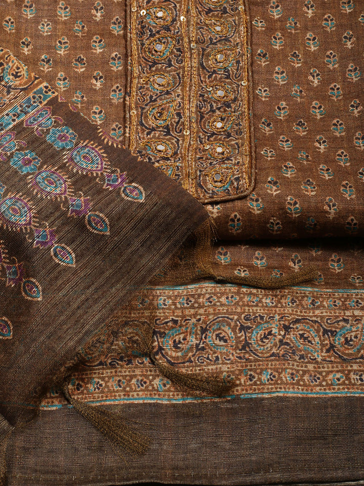 Neck Embroidered Chanderi Unstitched Suit With Dupatta