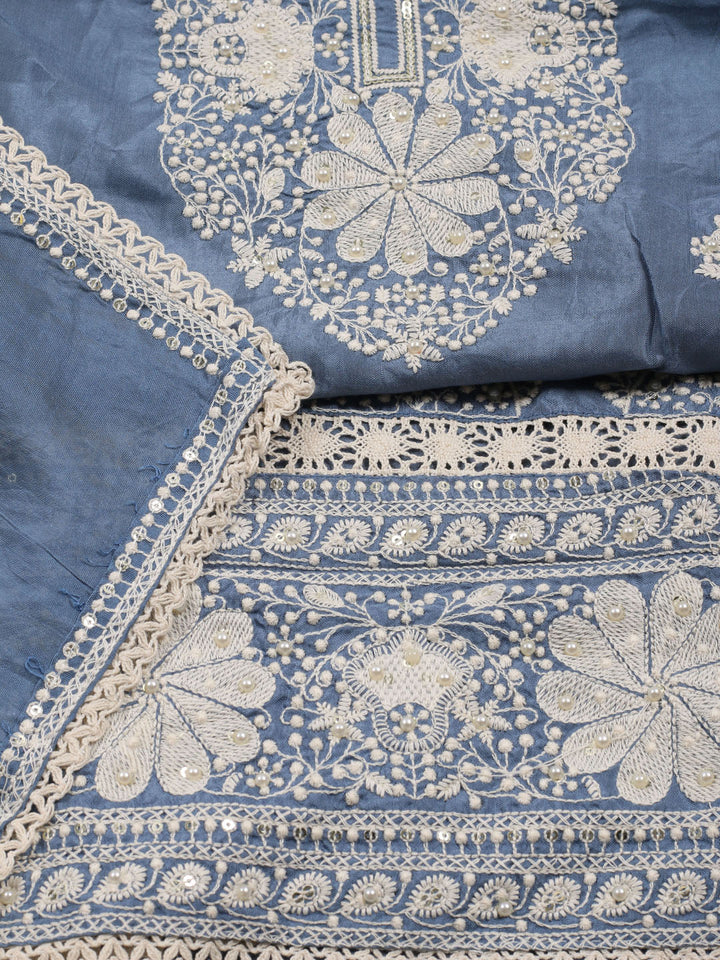 Thread Embroidery Cotton Blend Unstitched Suit With Dupatta