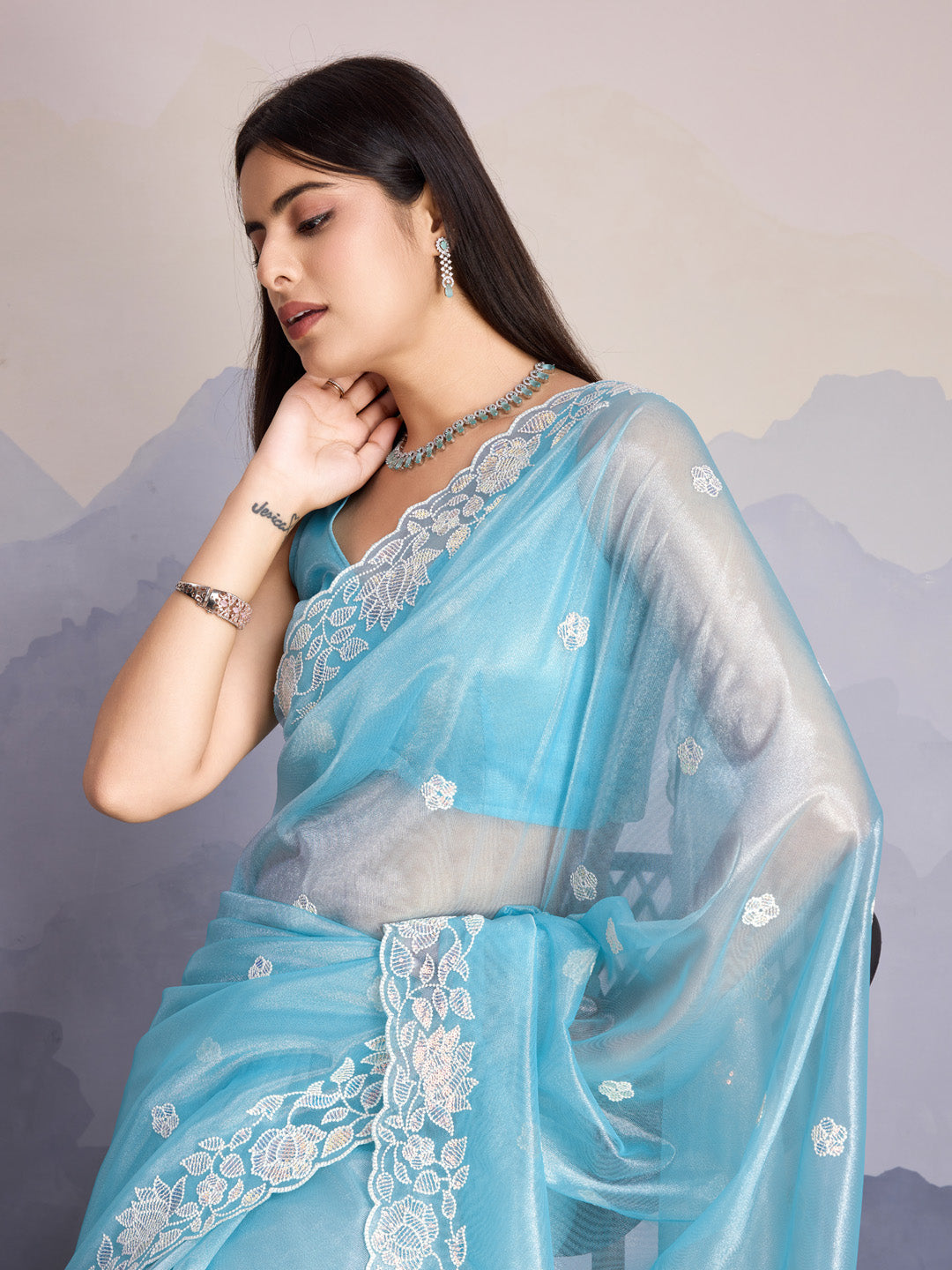Embroidered Net Saree