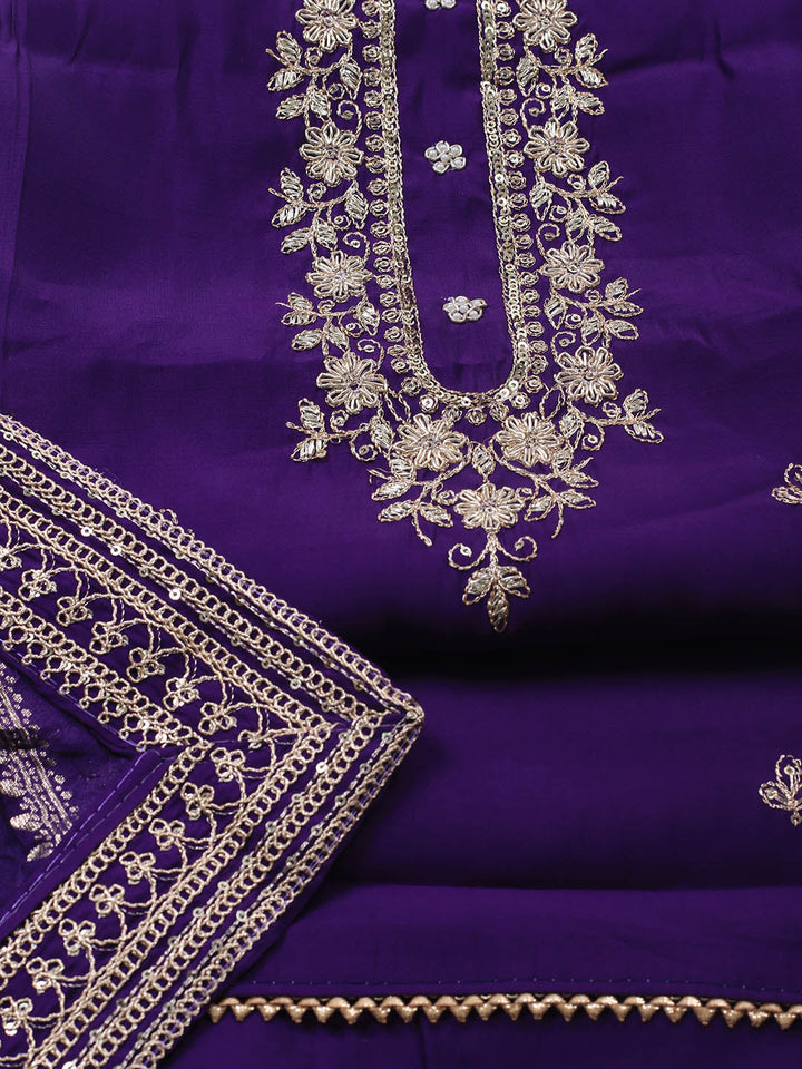 Neck Embroidery Chanderi Unstitched Suit With Dupatta