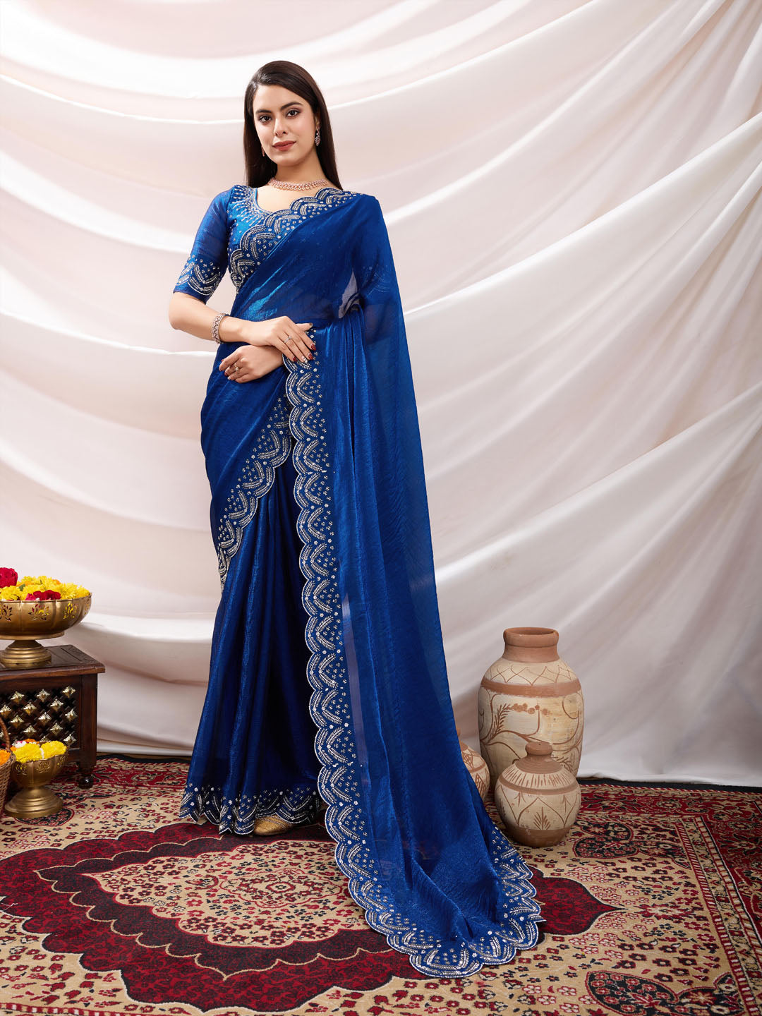 Embroidered Satin Velvet Saree