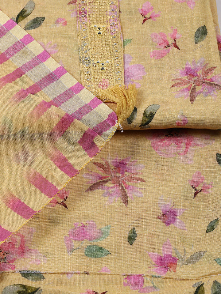 Floral Printed Linen Unstitched Suit With Dupatta