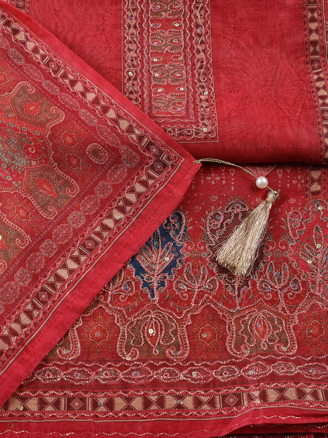 Neck Patti Chanderi Unstitched Suit With Dupatta