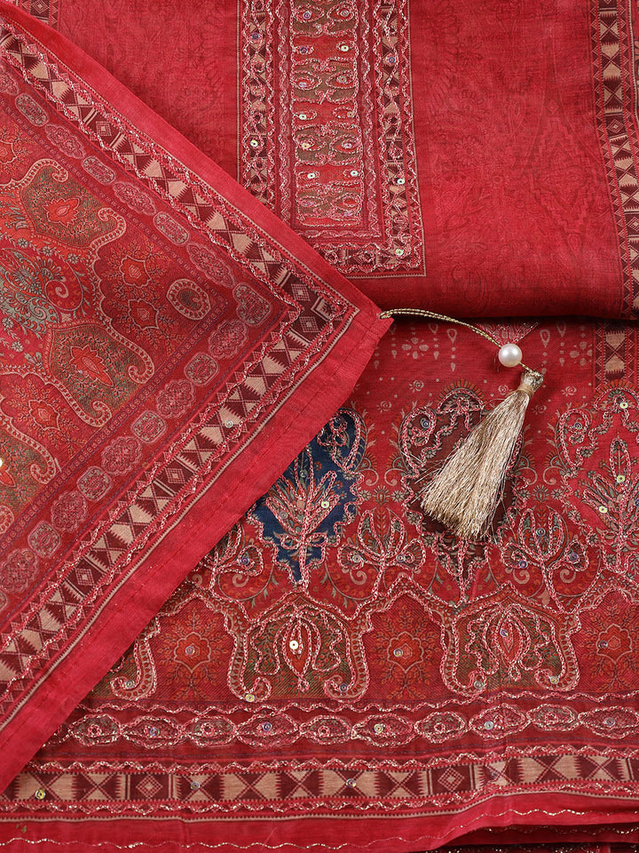 Neck Patti Chanderi Unstitched Suit With Dupatta