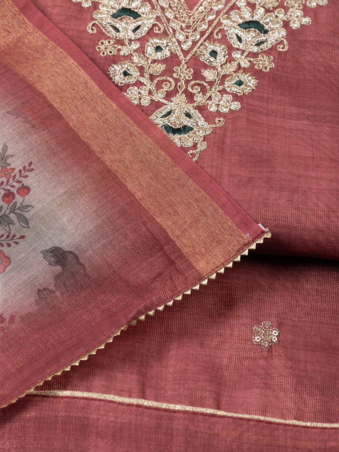 Neck Embroidered Chanderi Unstitched Suit With Dupatta