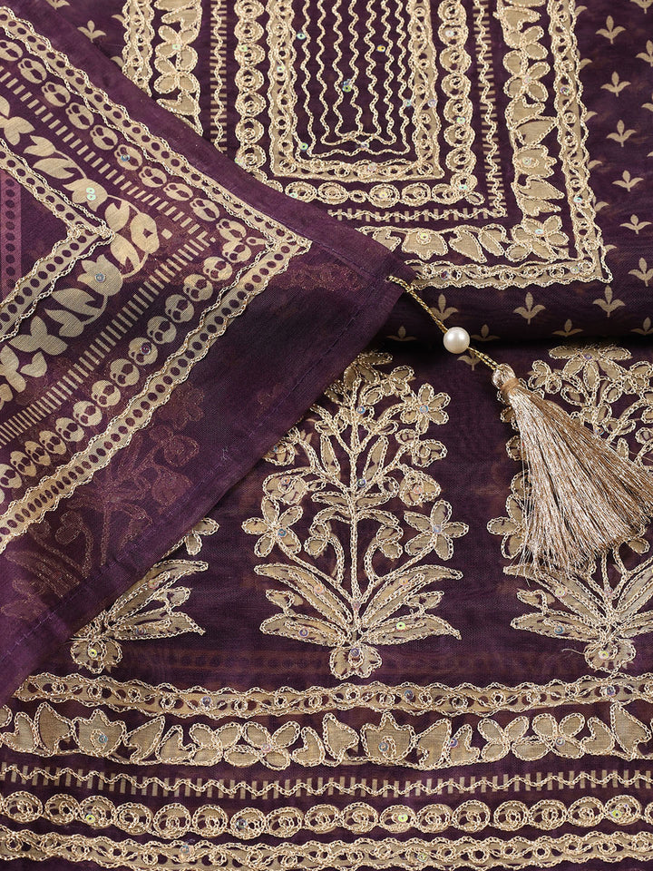 Neck Patti Chanderi Unstitched Suit With Dupatta