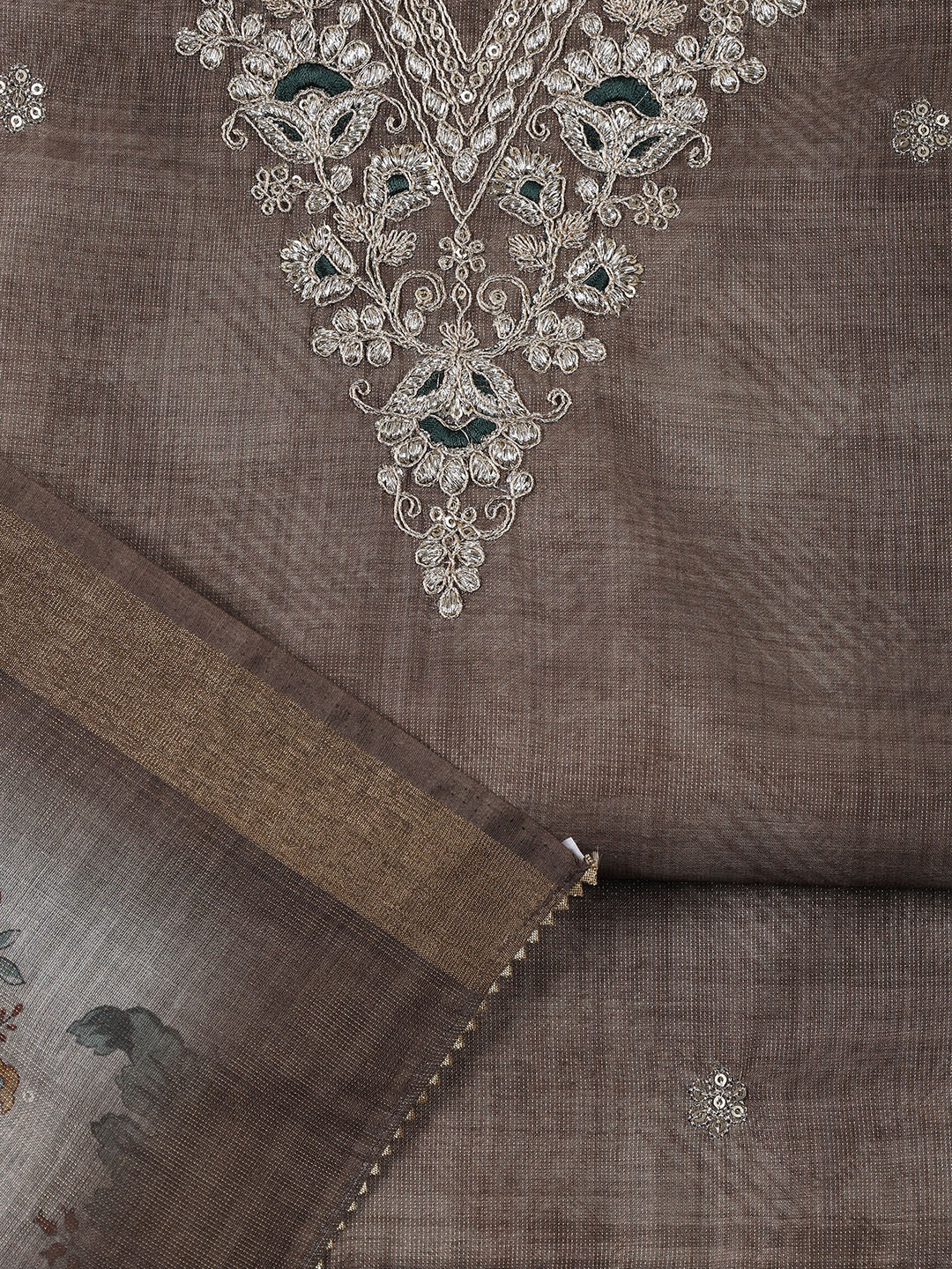 Neck Embroidered Chanderi Unstitched Suit With Dupatta