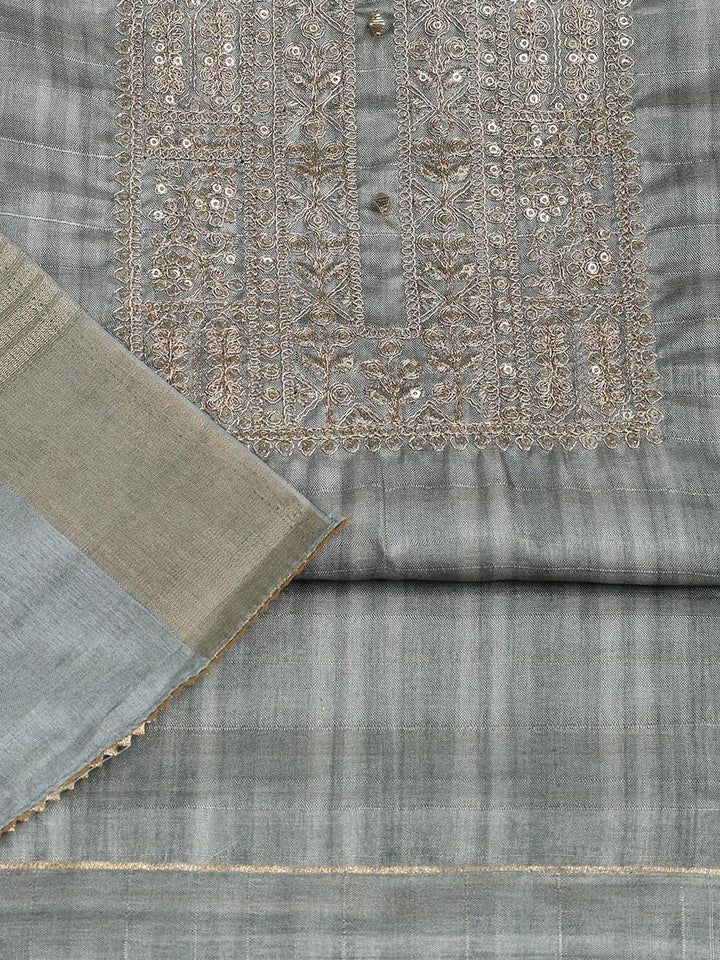Neck Embroidery Art Tussar Unstitched Suit With Dupatta