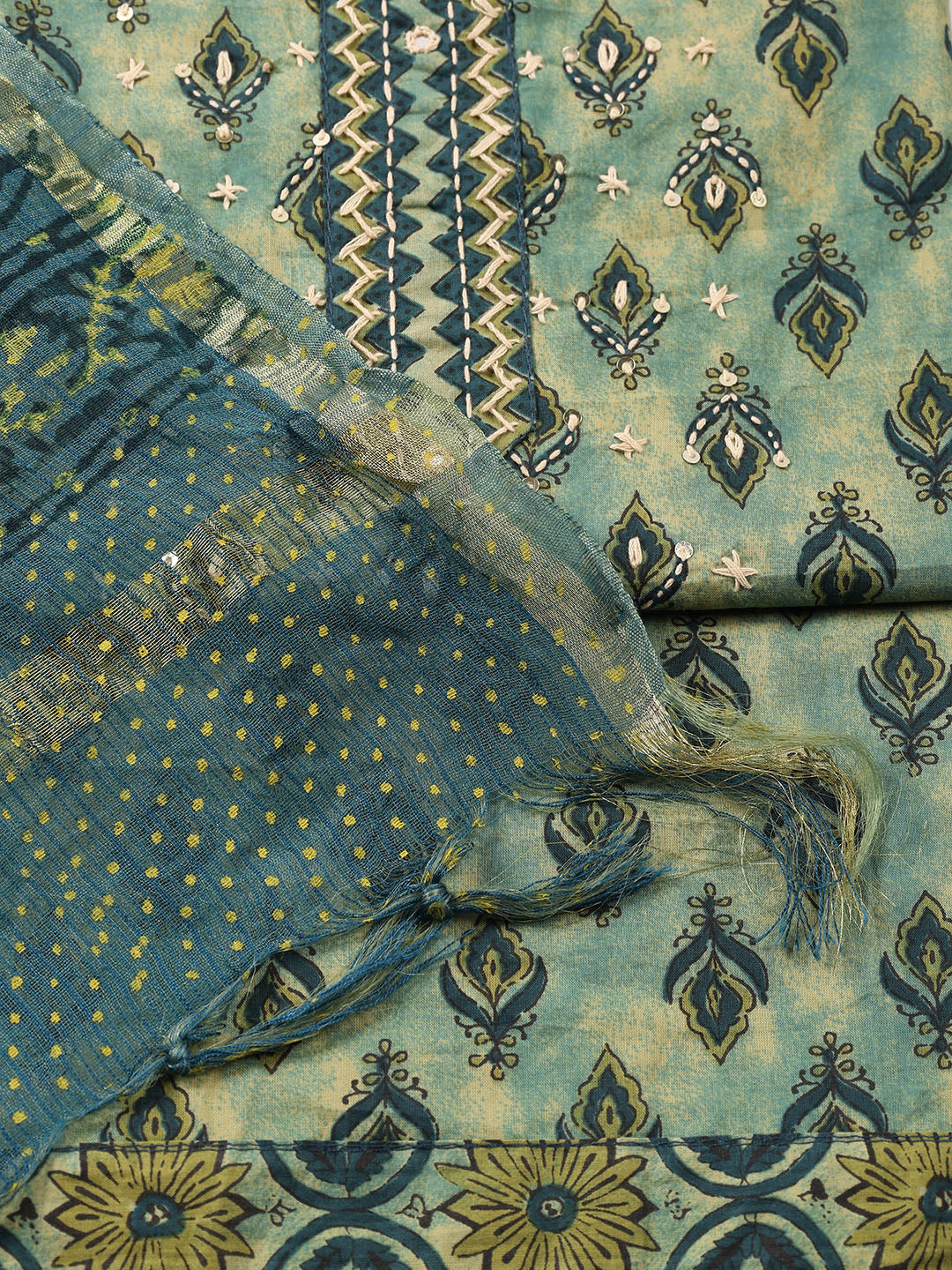 Printed Cotton Blend Unstitched Suit With Dupatta