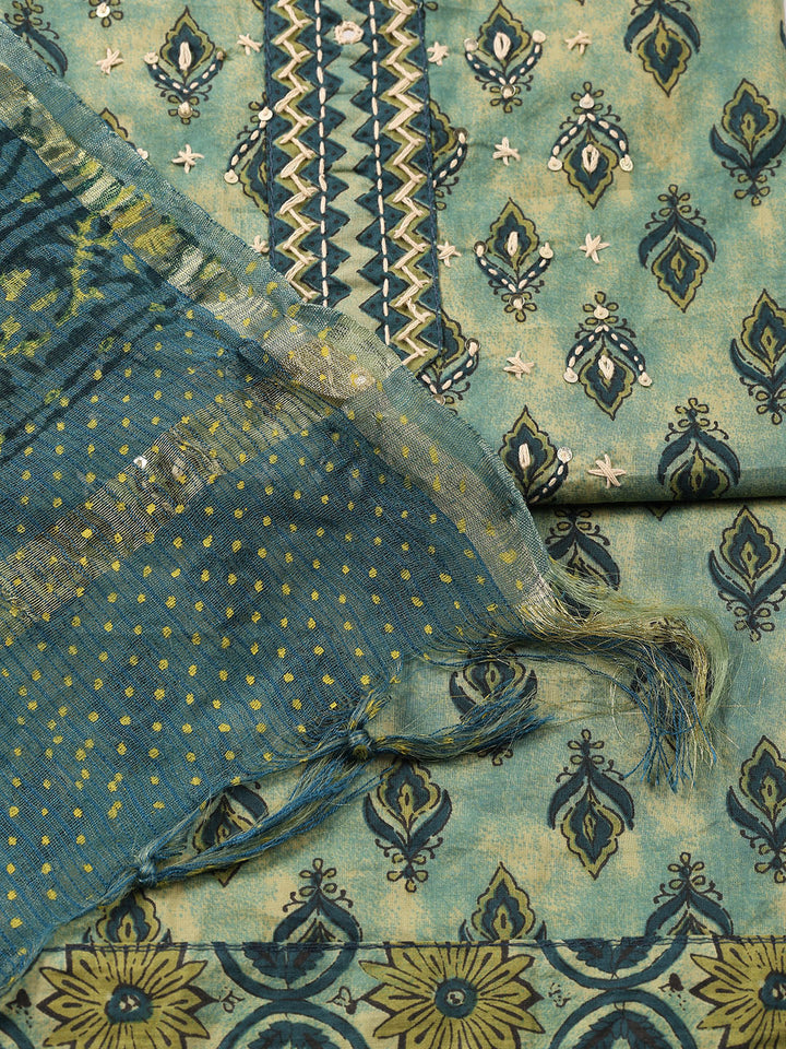 Printed Cotton Blend Unstitched Suit With Dupatta
