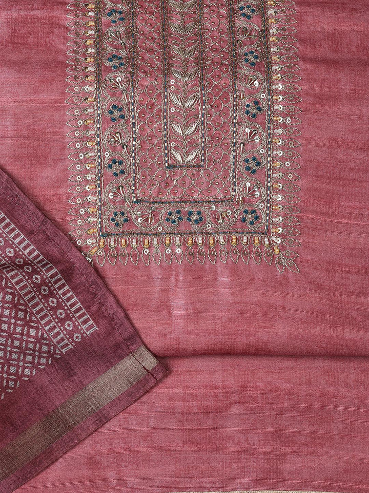 Neck Embroidery Art Tussar Unstitched Suit With Dupatta