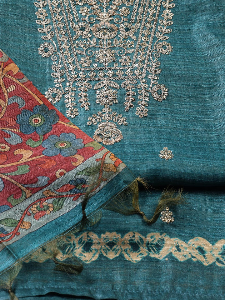 Neck Embroidered Tussar Unstitched Suit Piece With Dupatta