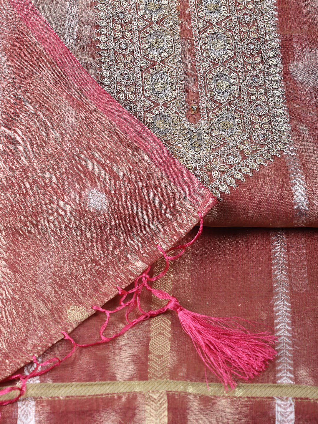 Neck Embroidered Tissue Unstitched Suit With Dupatta