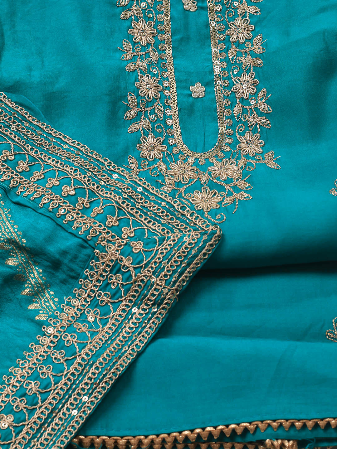 Neck Embroidery Chanderi Unstitched Suit With Dupatta
