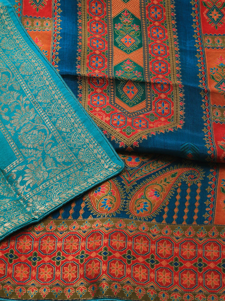 Embroidered Art Silk Unstitched Suit Piece With Dupatta