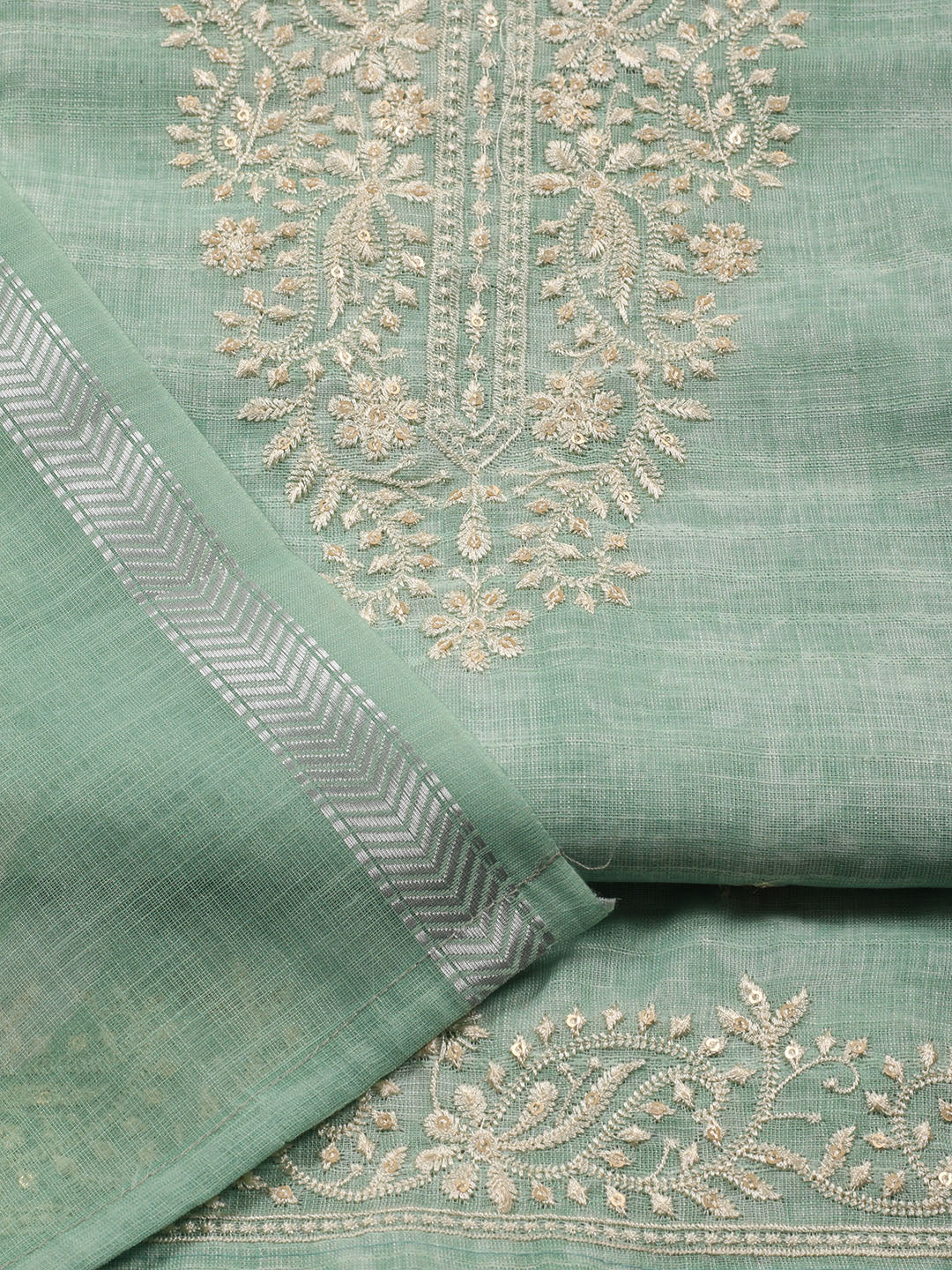 Neck Embroidered Chanderi Unstitched Suit With Dupatta