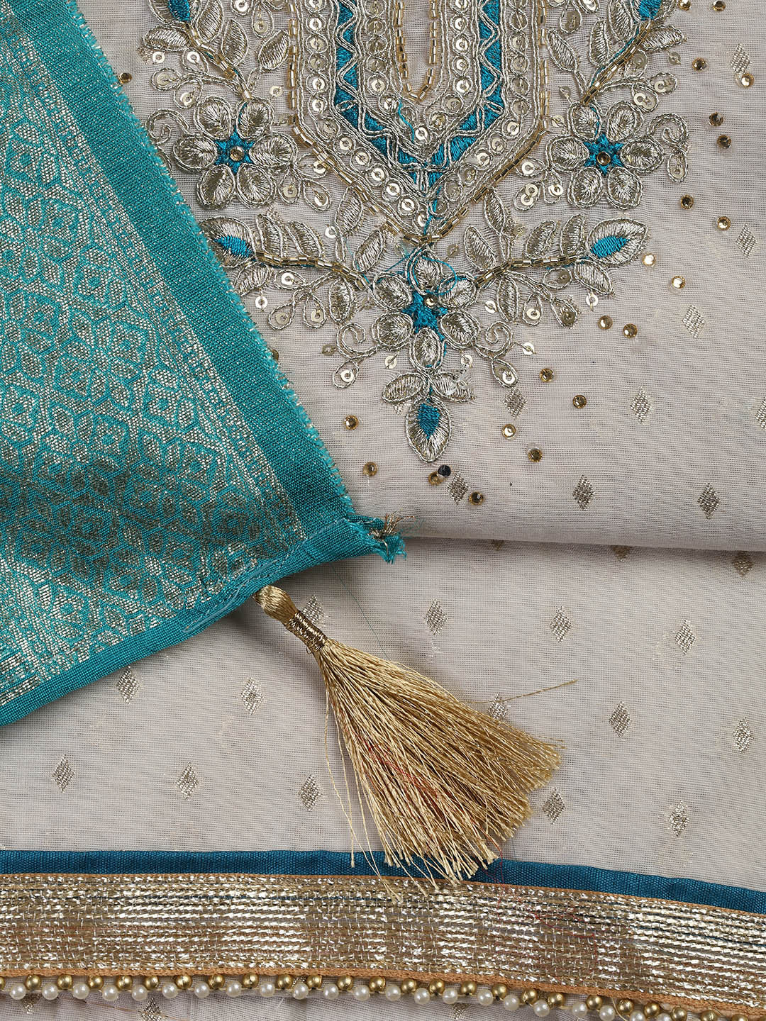 Neck Embroidery Chanderi Unstitched Suit With Dupatta