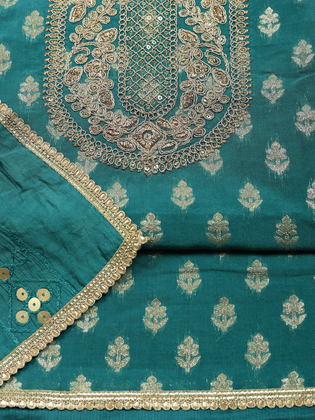 Embroidered Chanderi Unstitched Suit With Pant &amp; Dupatta