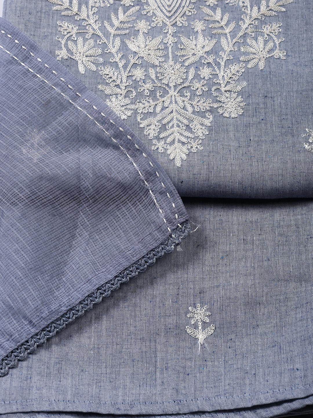 Neck Embroidered Cotton Blend Unstitched Suit Piece With Dupatta