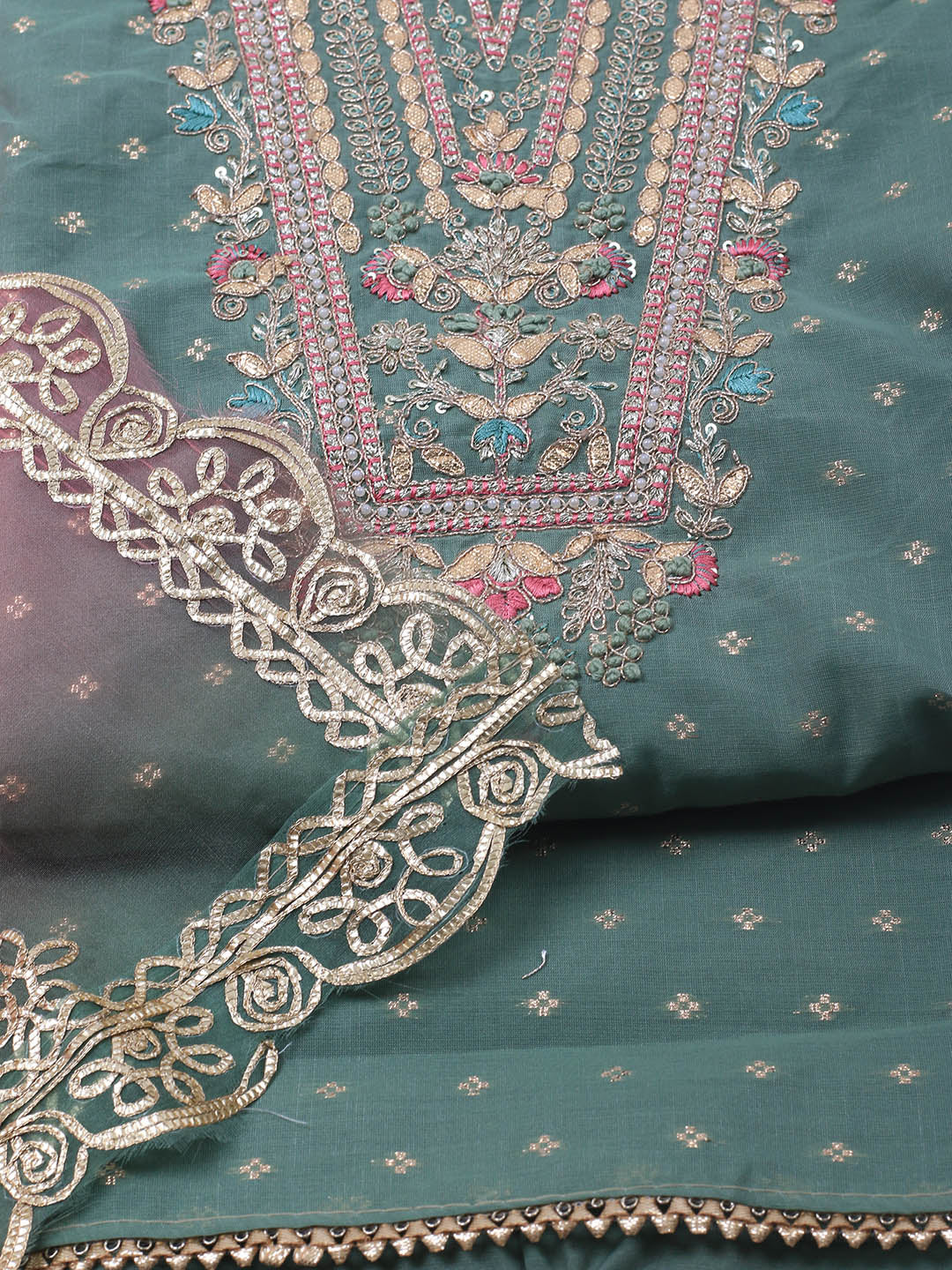 Neck Embroidery Chanderi Unstitched Suit With Dupatta