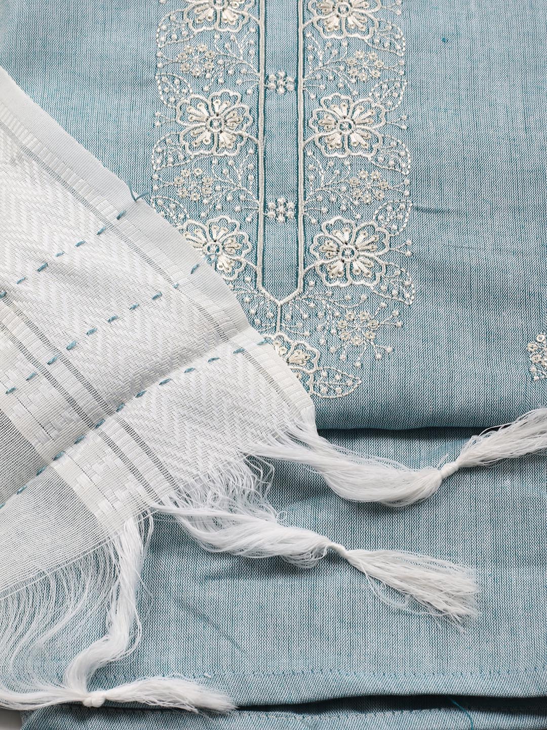 Neck Embroidered Cotton Blend Unstitched Suit Piece With Dupatta
