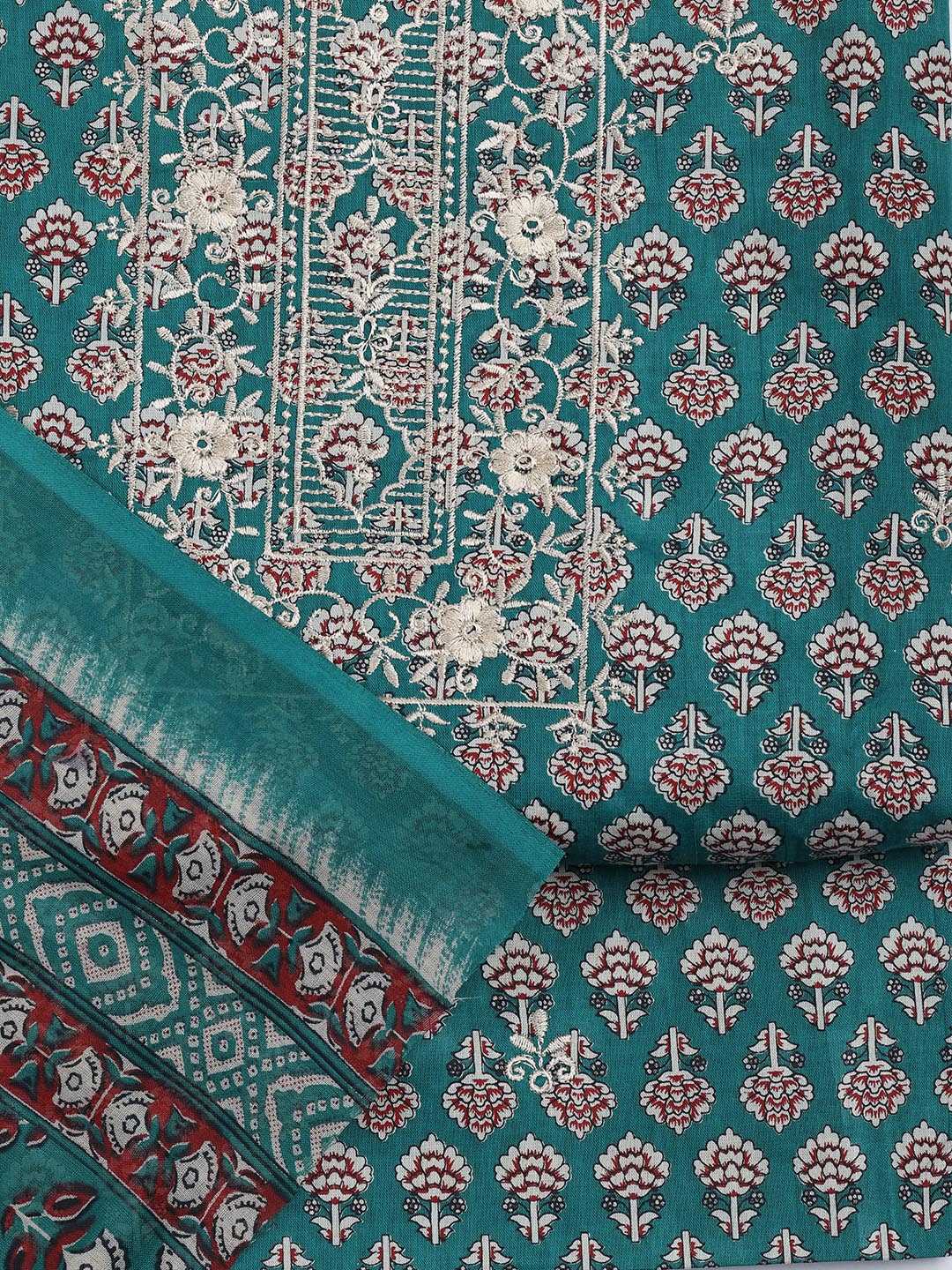 Floral Printed Cotton Unstitched Suit With Dupatta