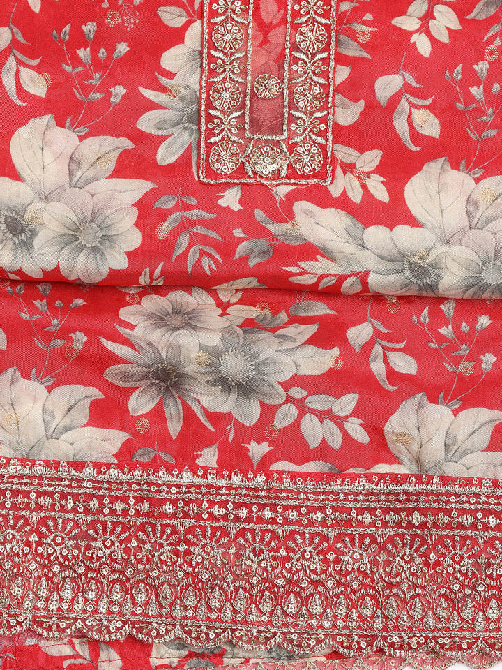 Printed Embroidered Muslin Unstitched Suit With Dupatta