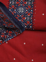 Neck Mirror Work Cotton Blend Unstitched Suit With Dupatta