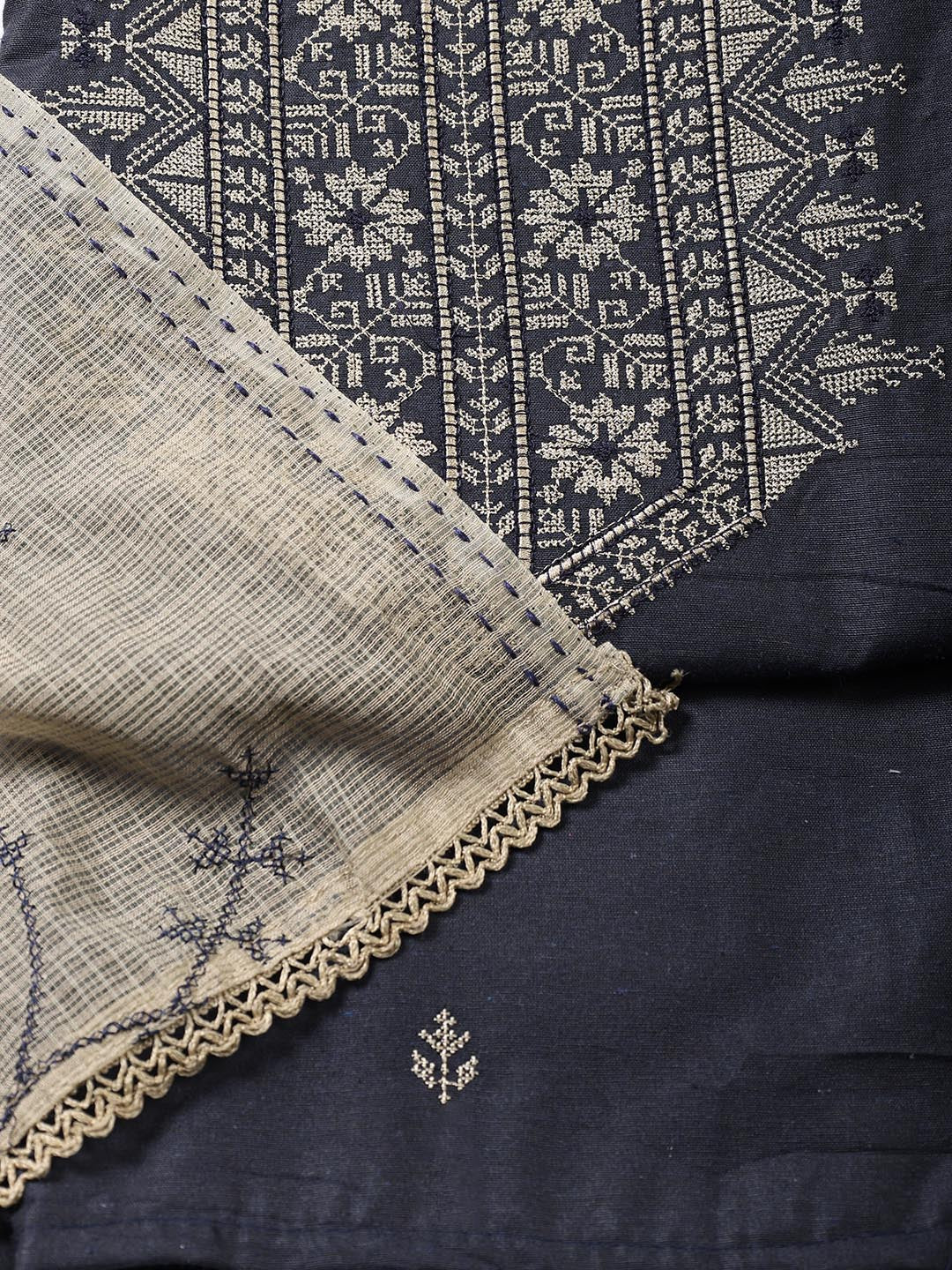 Neck Embroidered Cotton Blend Unstitched Suit Piece With Dupatta