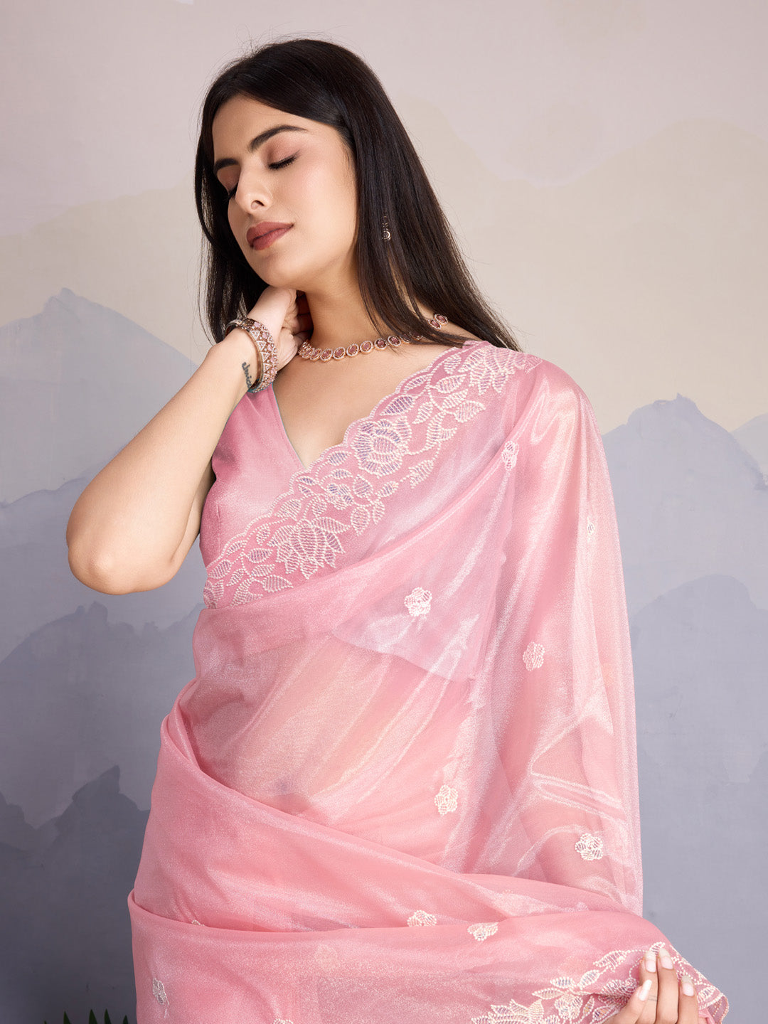 Embroidered Net Saree