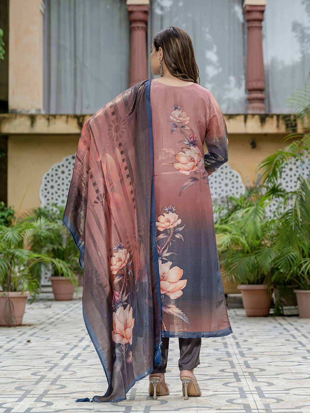 Printed Embroidered Art Silk Kurta With Pants & Dupatta