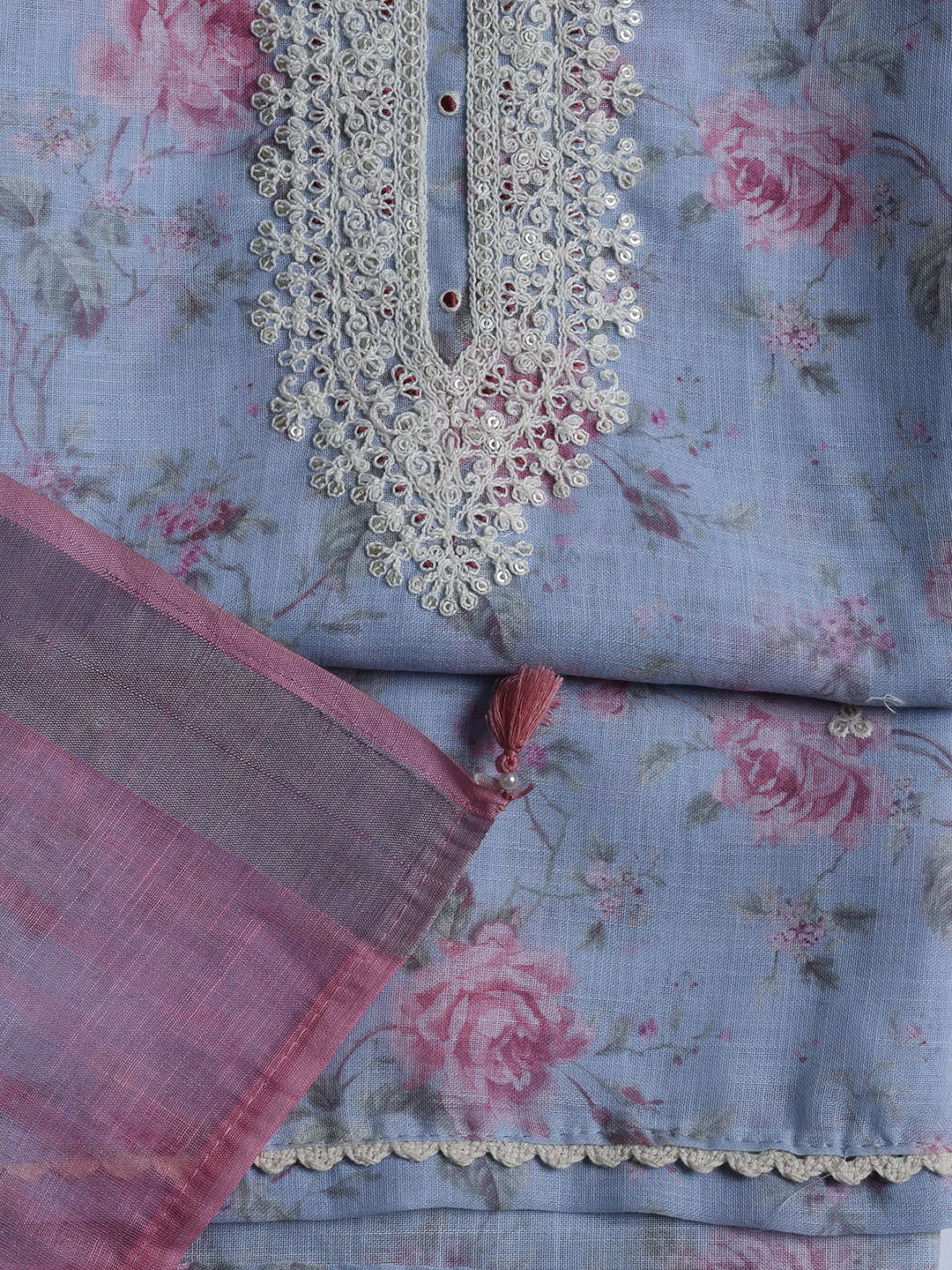 Floral Printed Linen Unstitched Suit With Dupatta