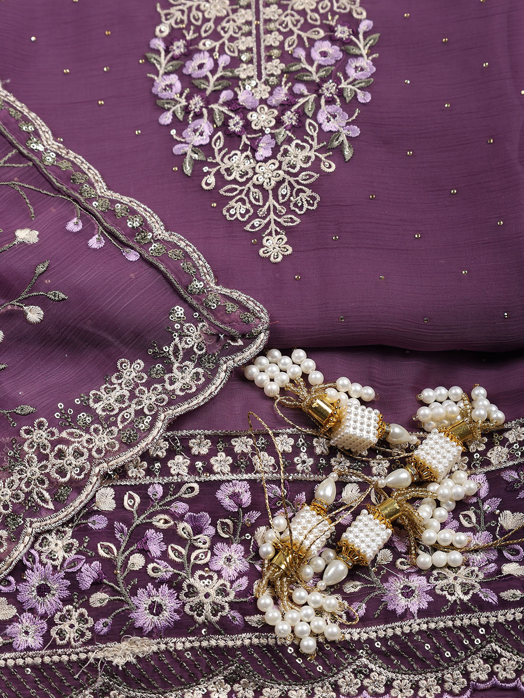 Neck Embroidered Organza Unstitched Suit With Dupatta