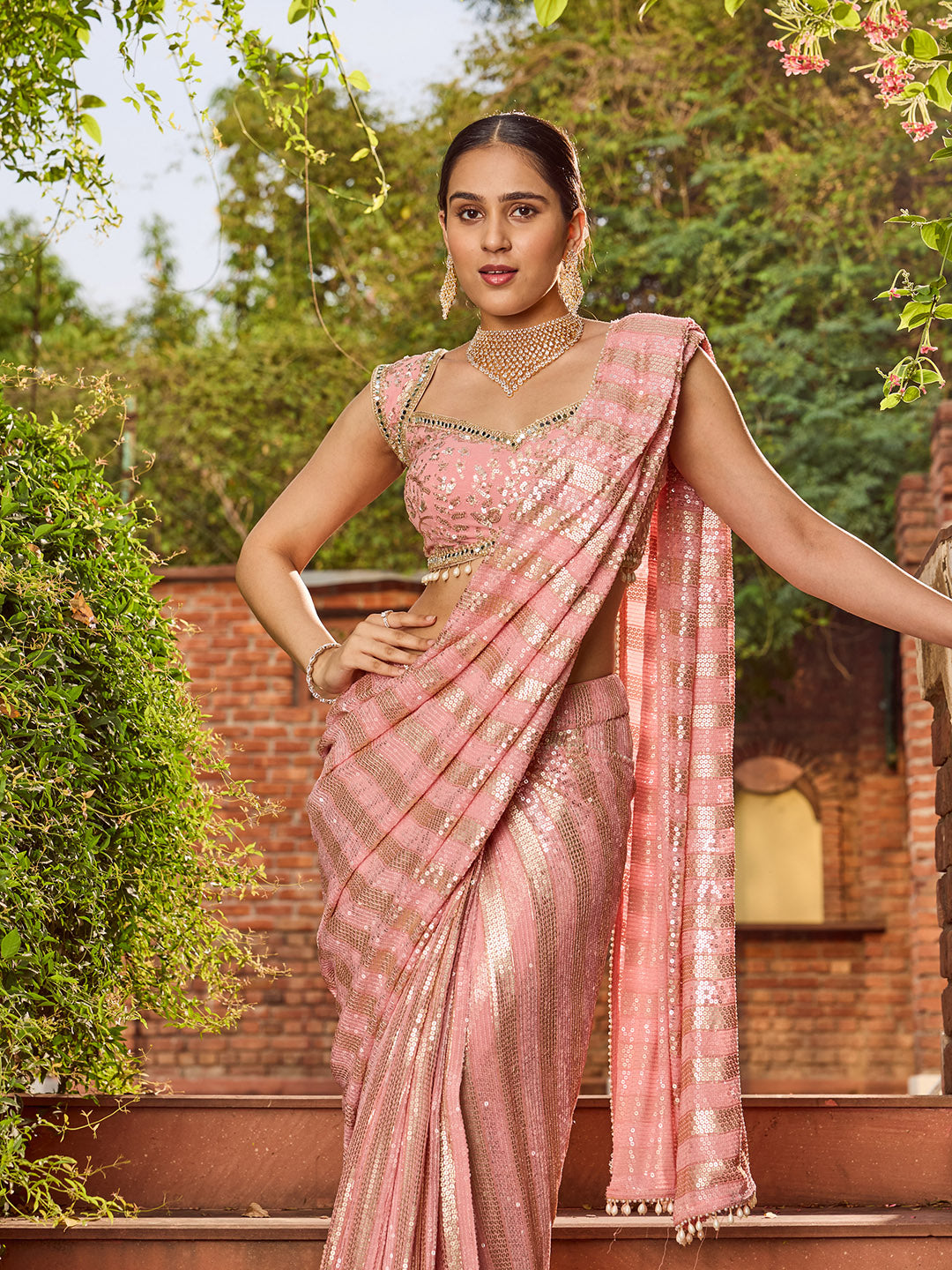 Sequence Embroidery Georgette Pre Draped Saree