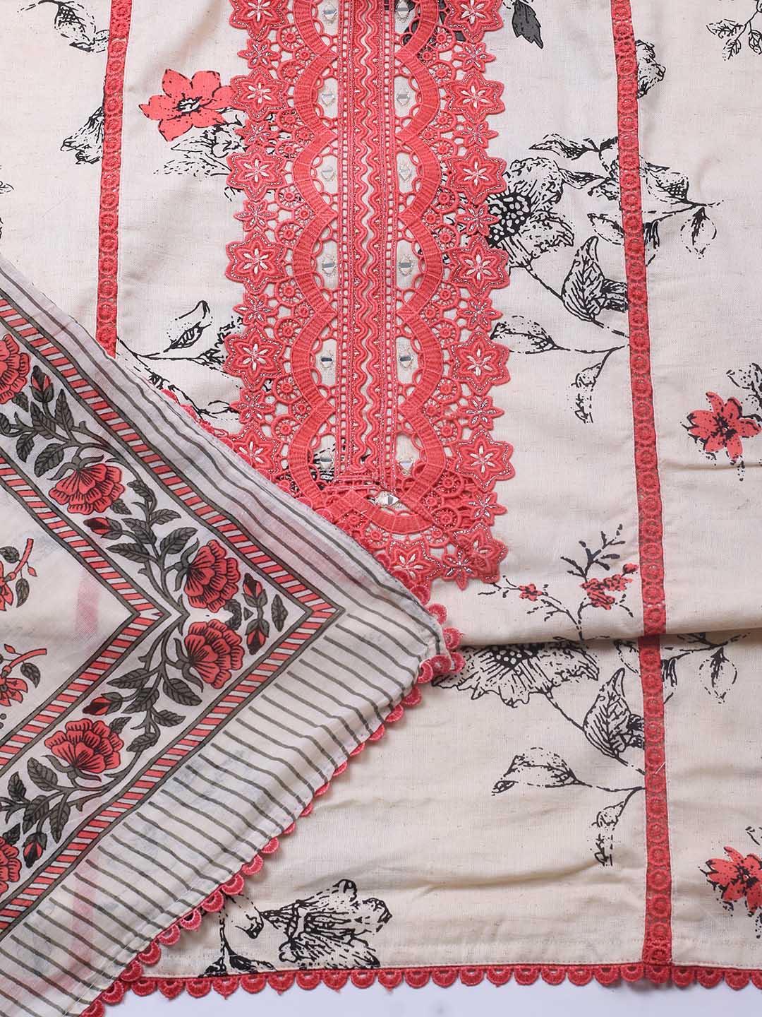 Patch Neck Cotton Blend Unstitched Suit Piece With Dupatta