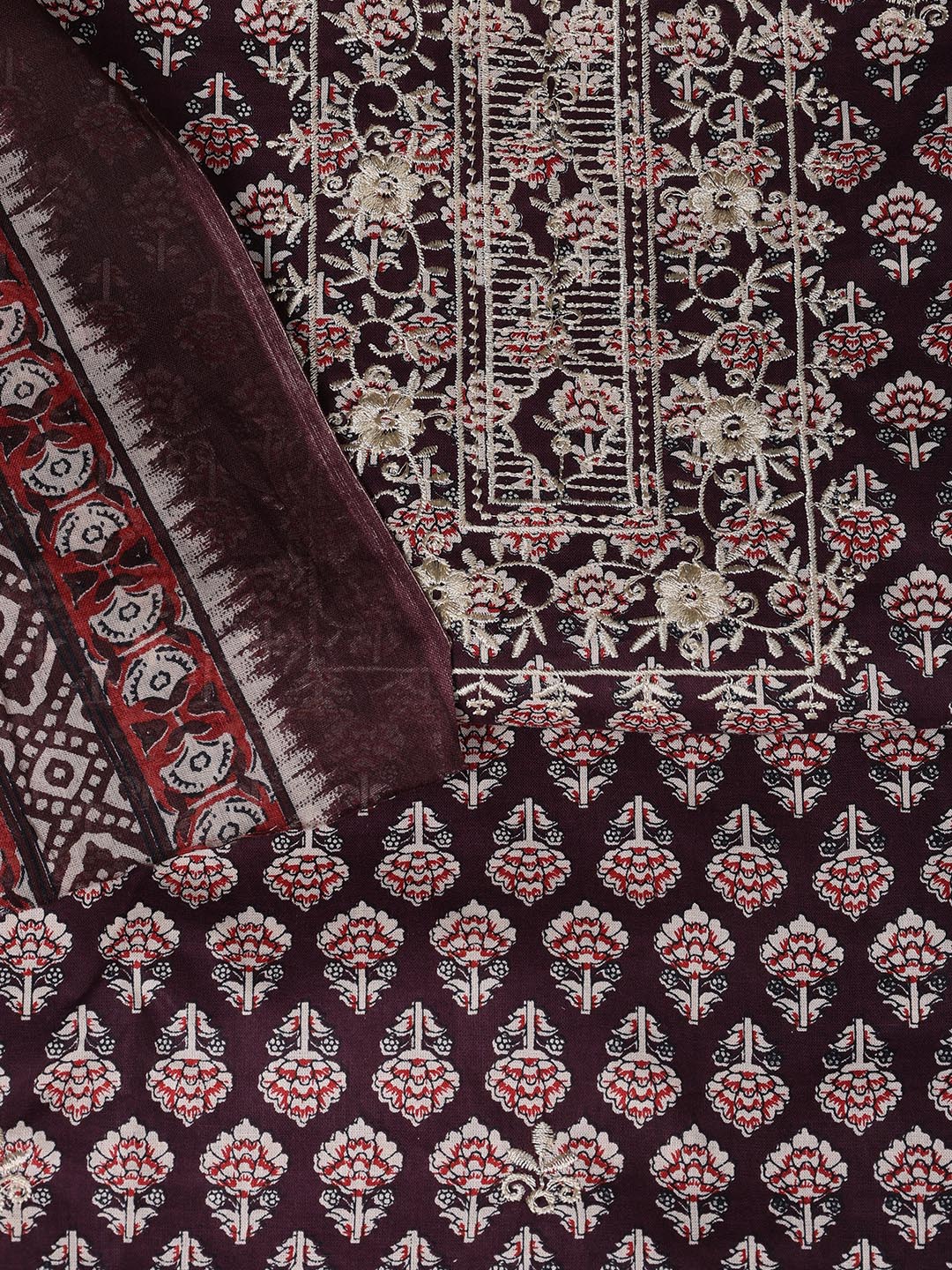 Floral Printed Cotton Unstitched Suit With Dupatta