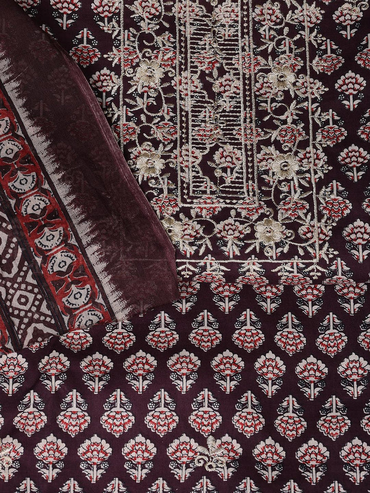 Floral Printed Cotton Unstitched Suit With Dupatta