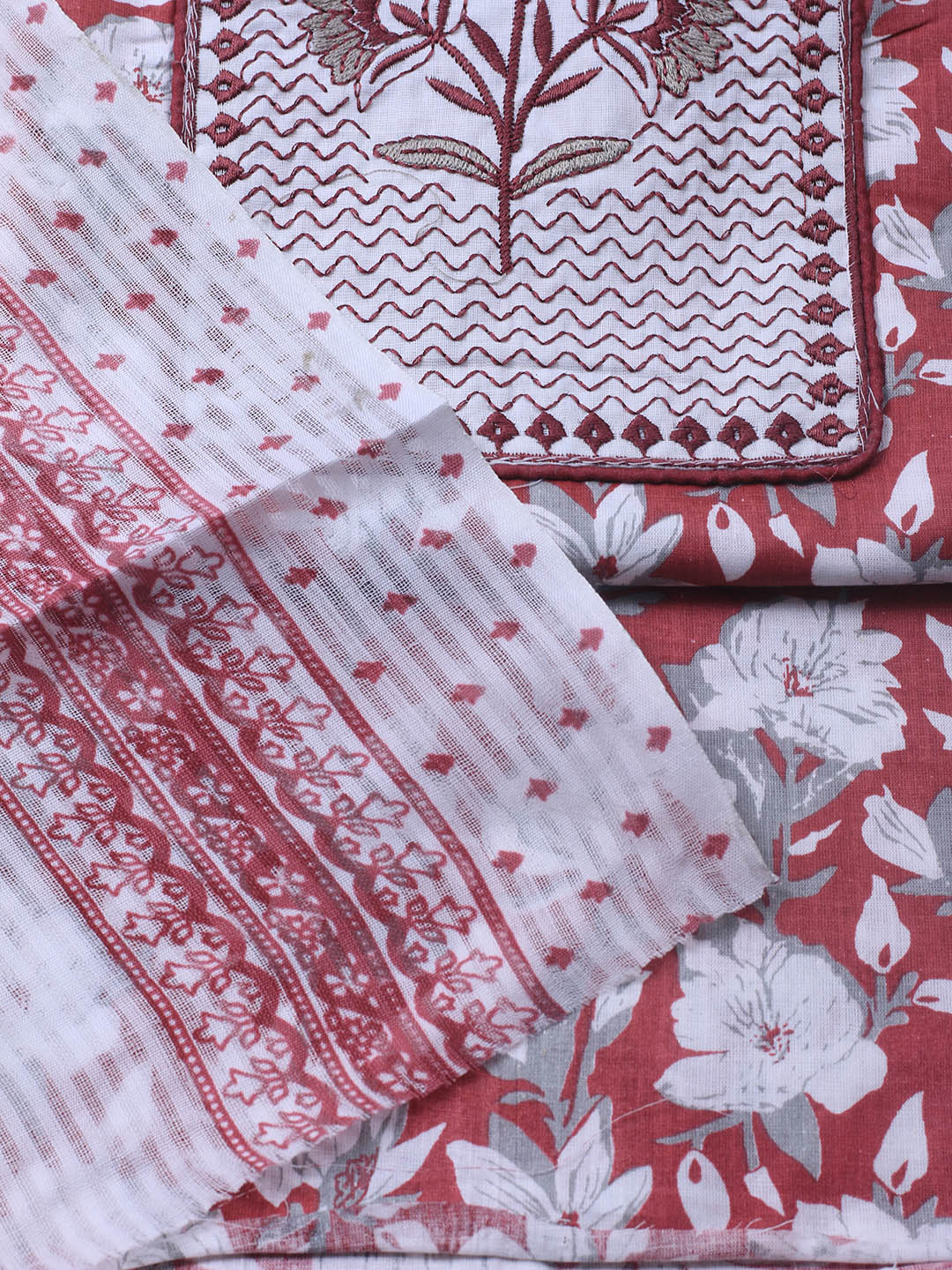 Printed Cotton Blend Unstitched Suit With Dupatta
