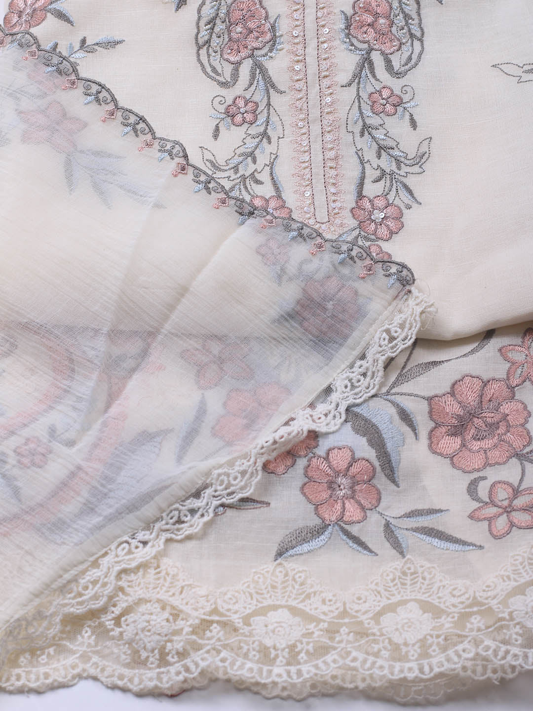 Embroidery Linen Unstitched Suit With Dupatta
