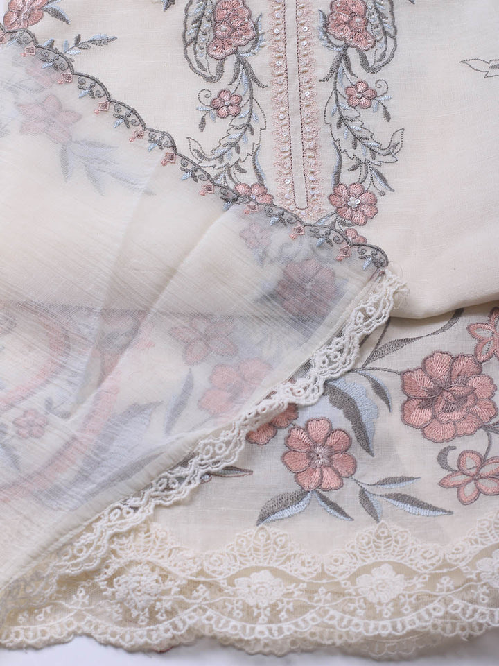 Embroidery Linen Unstitched Suit With Dupatta