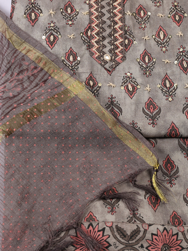 Printed Cotton Blend Unstitched Suit With Dupatta