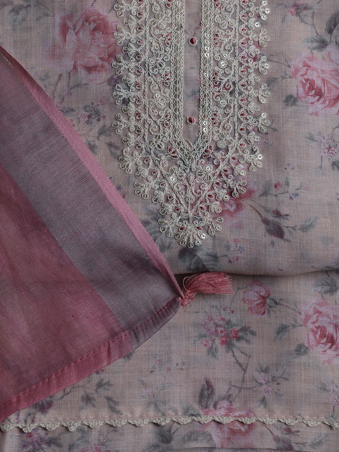 Floral Printed Linen Unstitched Suit With Dupatta