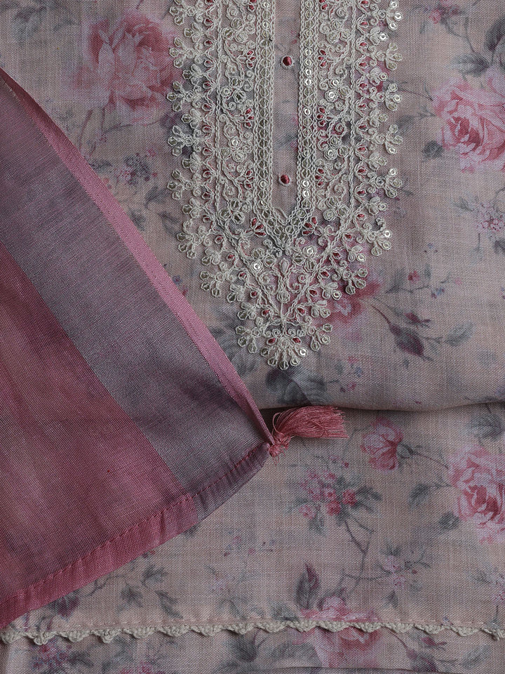 Floral Printed Linen Unstitched Suit With Dupatta