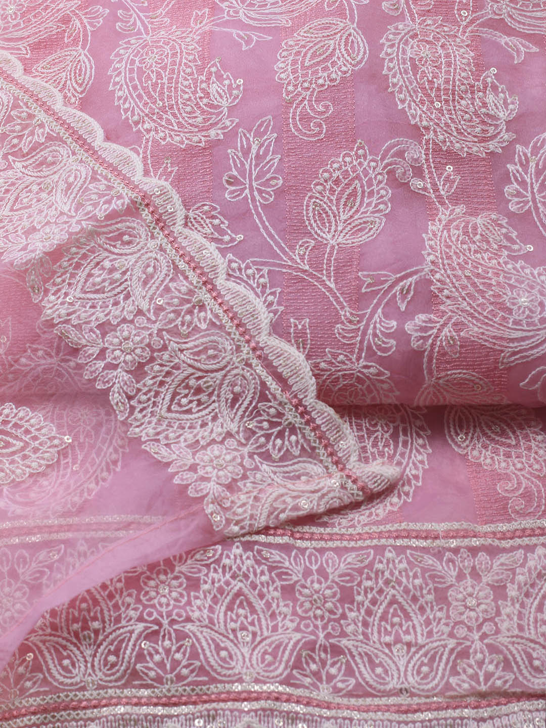 Thread Embroidery Organza Unstitched Suit Piece With Dupatta