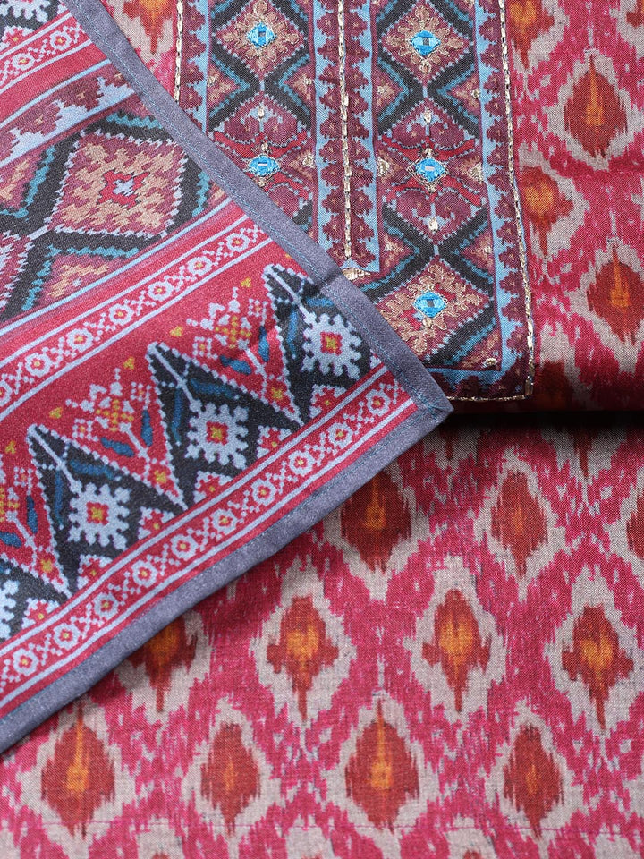 Printed Chanderi Unstitched Suit With Dupatta