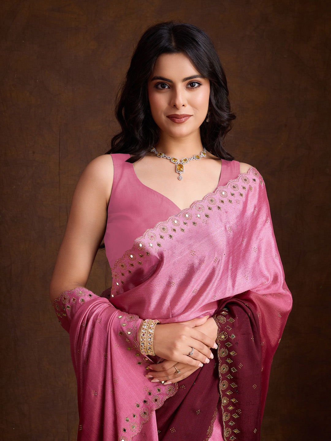 Embroidered Chinon Saree