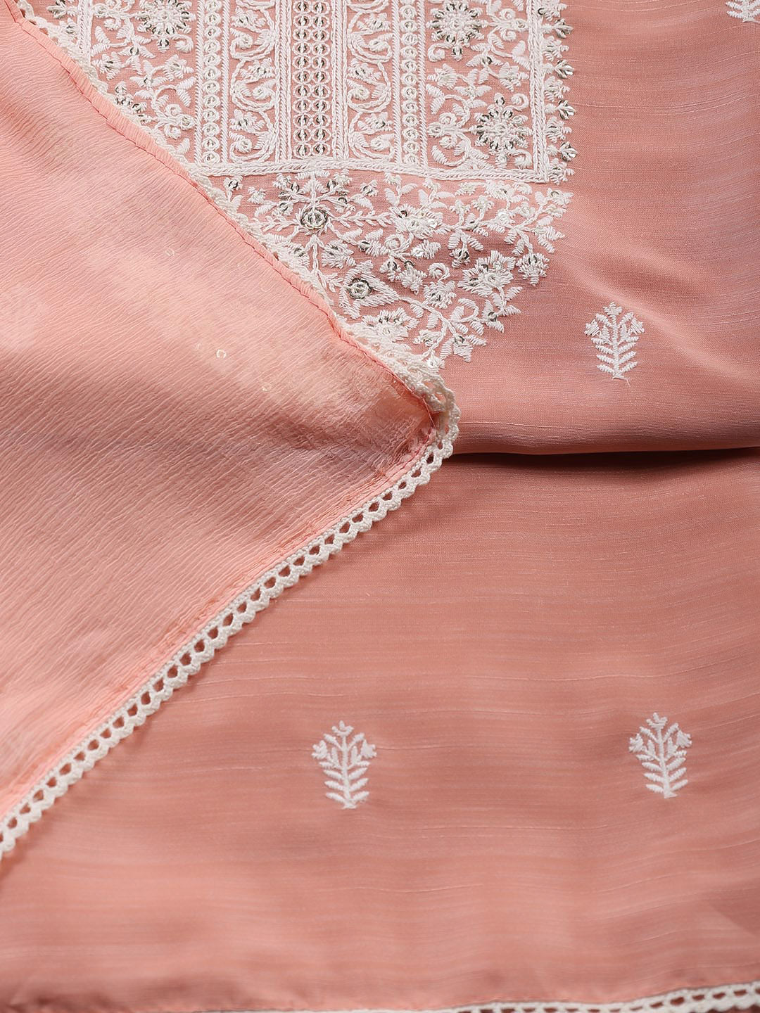 Neck Embroidered Chanderi Unstitched Suit With Dupatta
