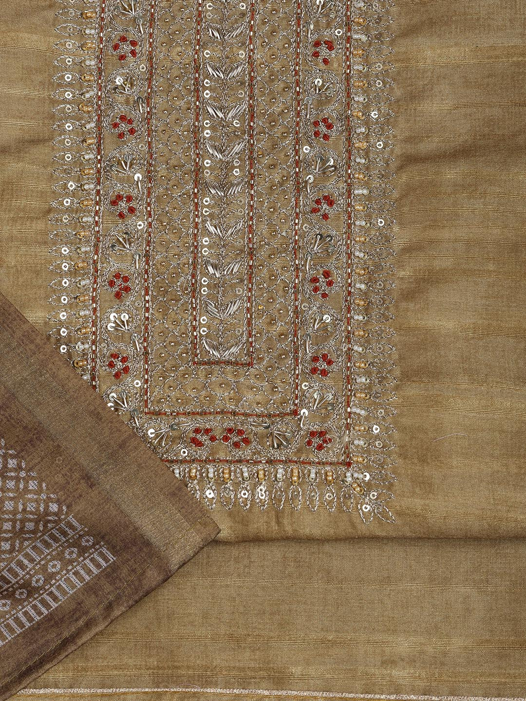 Neck Embroidery Art Tussar Unstitched Suit With Dupatta