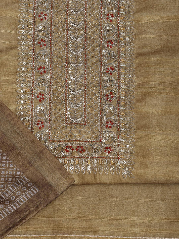 Neck Embroidery Art Tussar Unstitched Suit With Dupatta