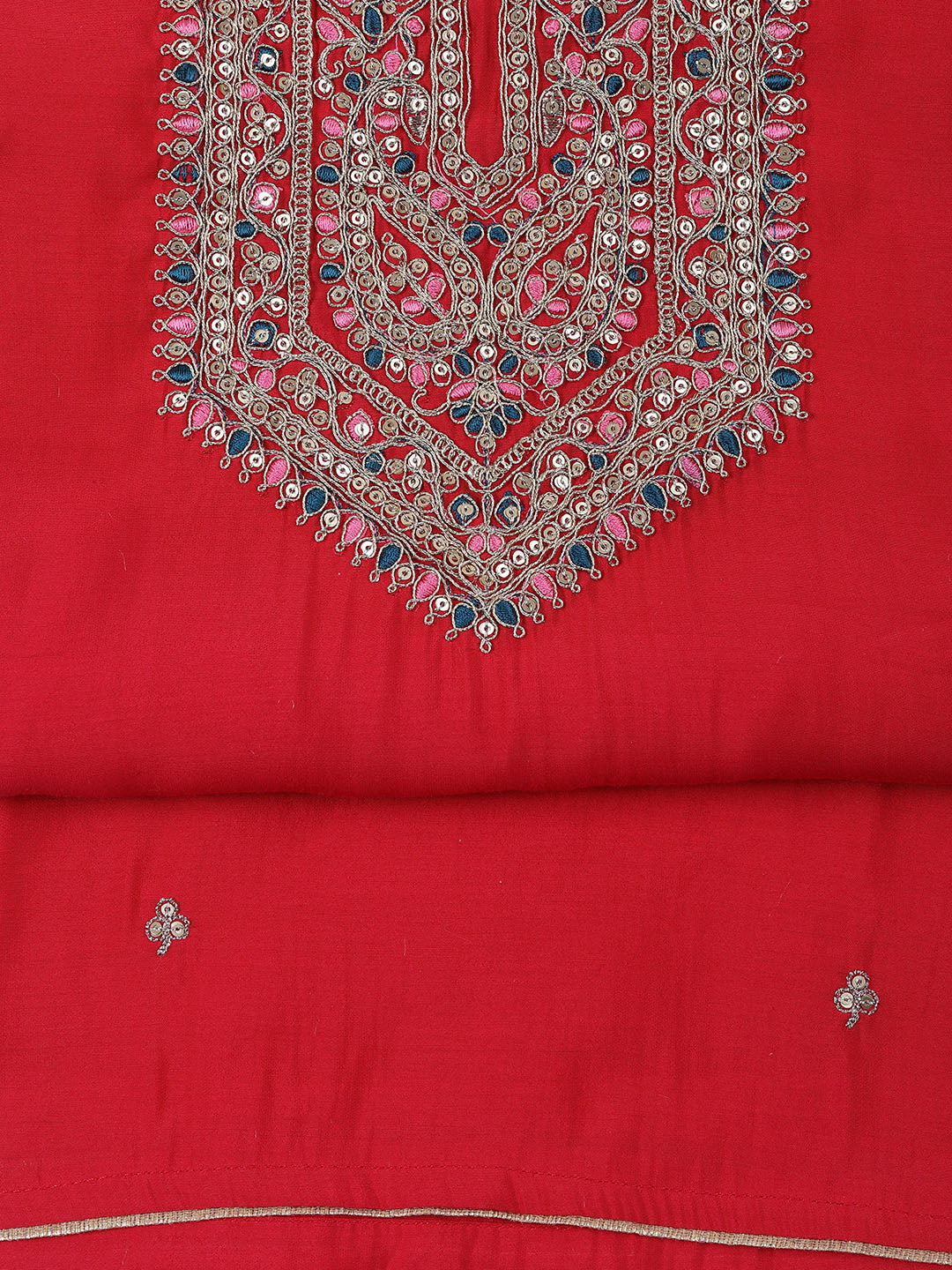 Neck Embroidered Chanderi Unstitched Suit With Dupatta
